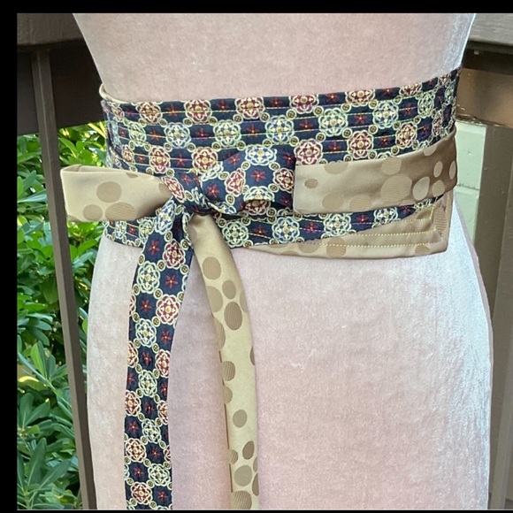 Blue Red geometric shimmer Japanese Obi style reused men’s silk ties wrap belt - Picture 12 of 13